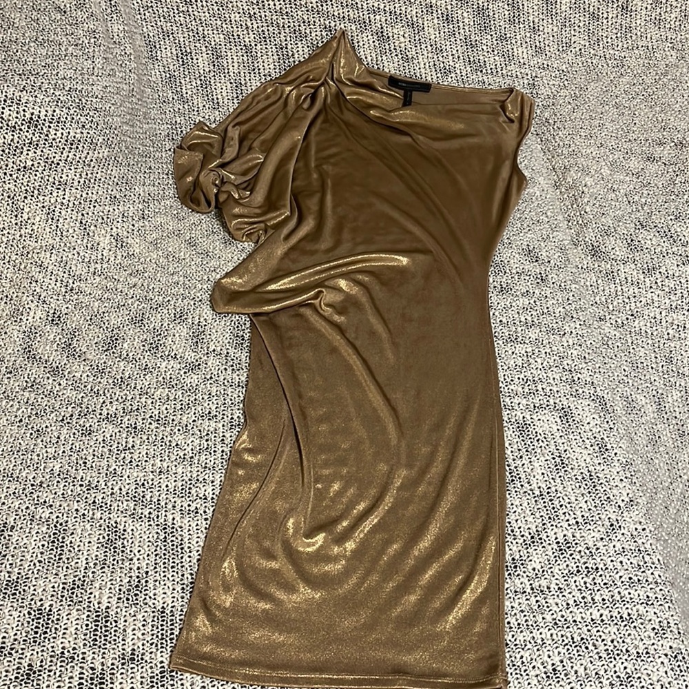Bcbg asymmetrical, gold holiday party, one shoulder dress